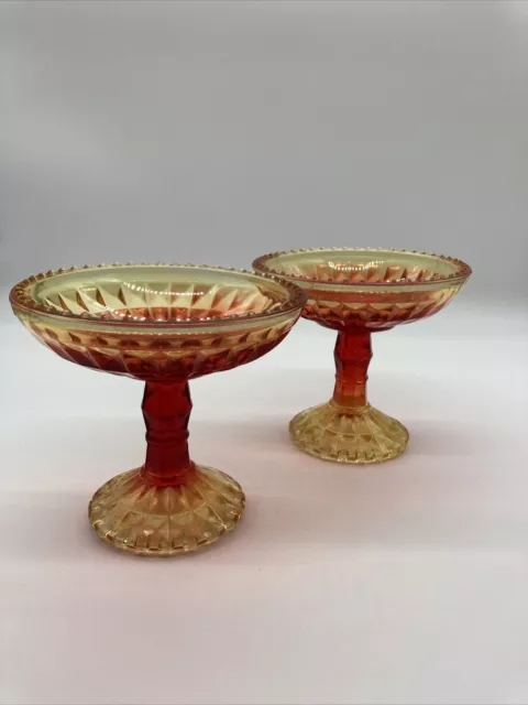 Vintage Amberina Glass Candy Dish Compote Jeanette Windsor Diamond Pattern (2)