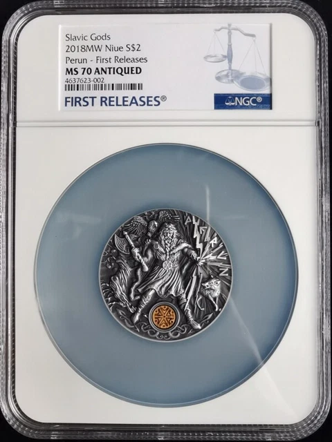 Niue 2 Dollars 2018 Silver 2Oz Coin Perun Slavic Gods NGC MS70FR Antiqued