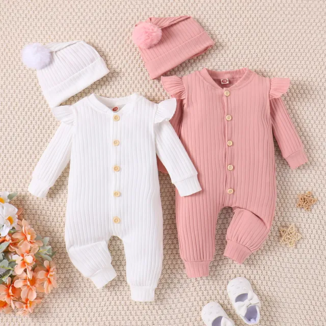 Infant Jungen Mädchen Kleidung Set Neugeborenen Baby Strampler Hut Rippen