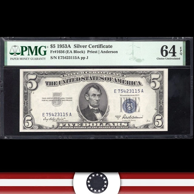1953-A $5 SILVER CERTIFICATE *E-A Block* PMG 64 EPQ Fr 1656 23115