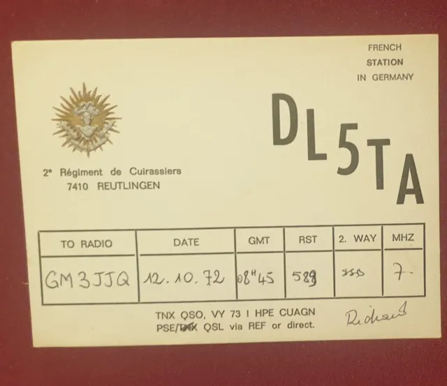 Ham Radio QSL Card From French Regiment In Germany With Embossed Card.