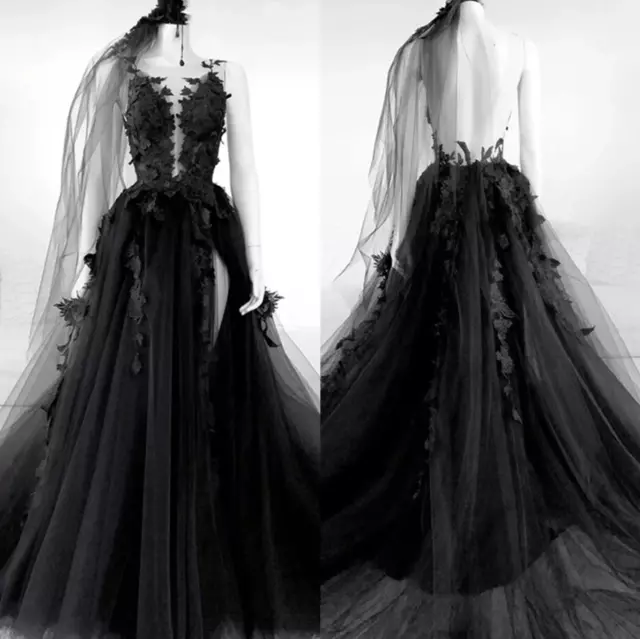 Gothic Black Wedding Dresses Sexy Backless High Side Split A-line Lace With Veil