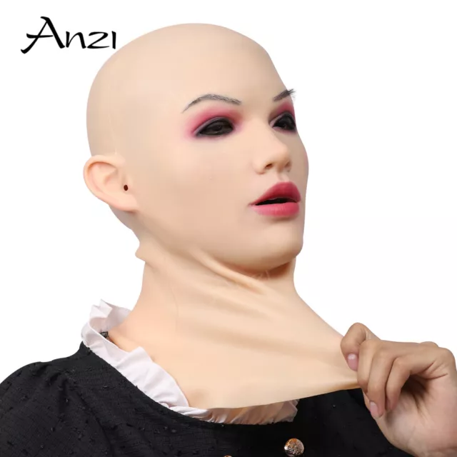 Anzi Realistic Silicone Female Head Mask Halloween Beauty Face for Crossdresser