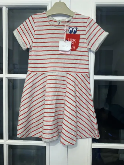 M&Co Baby Girls Stripe Red & Grey Dress 18-24 Mths New