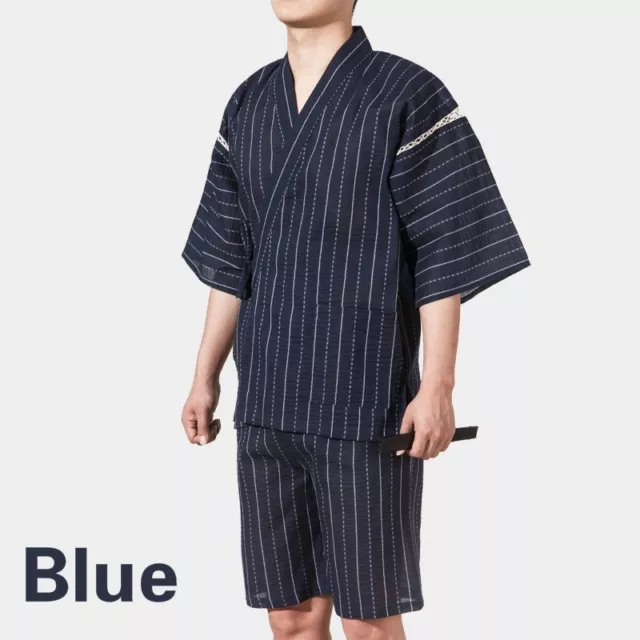 Mens Japanese Pyjama Sets Yukata Jinbei Traditional Kimono Nightwear Stripe 3