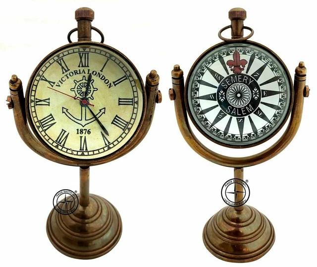 Nautical Maritime Antique Table Clock With Brass Stand Hanging Desk Decor Watch