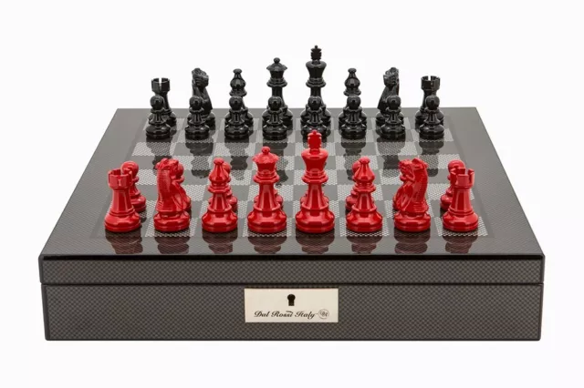 Dal Rossi Chess Set Black/Red Timber Pcs/40cm Carbon Fibre Finish Board