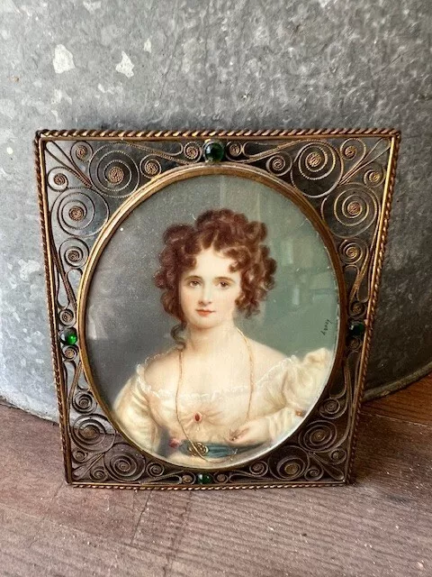 Antique Hand Painted Lady Portrait Miniature Fancy Gilt Filigree Frame Signed
