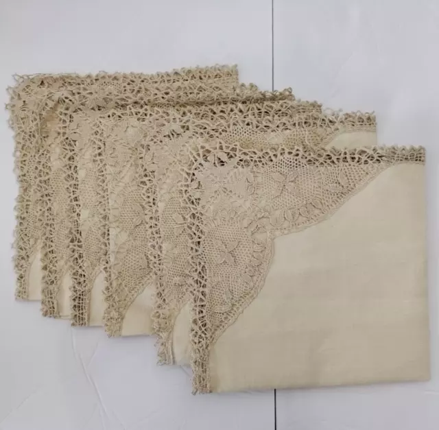 Vintage Linen Napkins Crochet Insert Ecru Tan Set Of 6