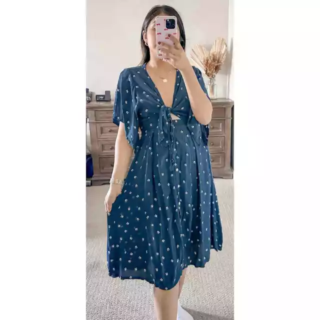 Faithfull The Brand Women's Blue Farrah Tie-Front Floral Dot Midi Dress Size 4