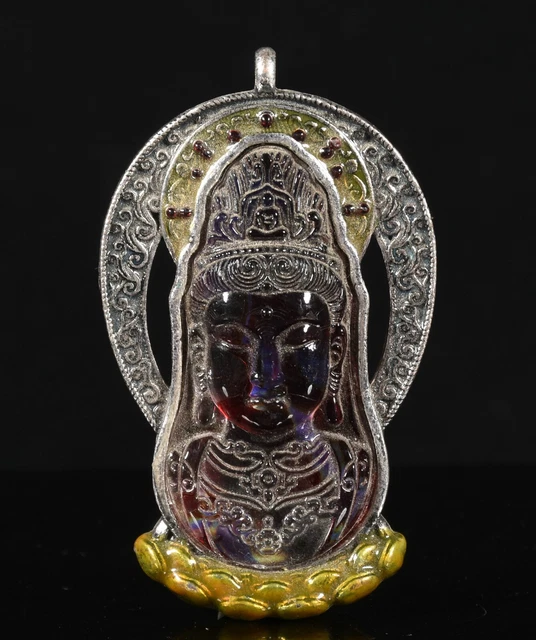 China Dynastie Miao Silber Inlay Farbige Glasur Guanyin Buddha Kopf Anhänger