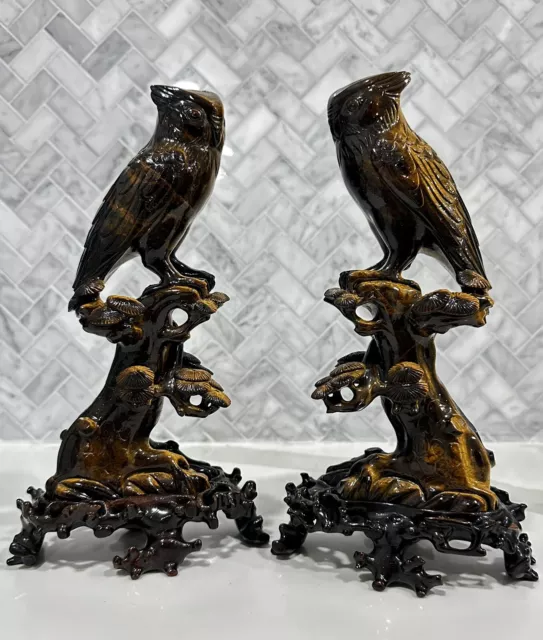 Large Antique Chinese Hand Carved Tiger Eye Owl Figurines Original Wood Stands