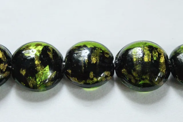 Vintage Czech foiled glass lampwork beads green gold black set of 9