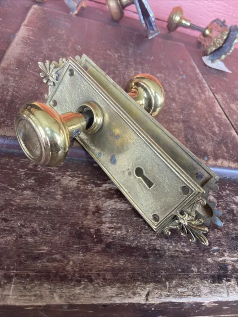 Vintage Set Cast Brass Door Knobs And Back Plates Polished Brass Spindle