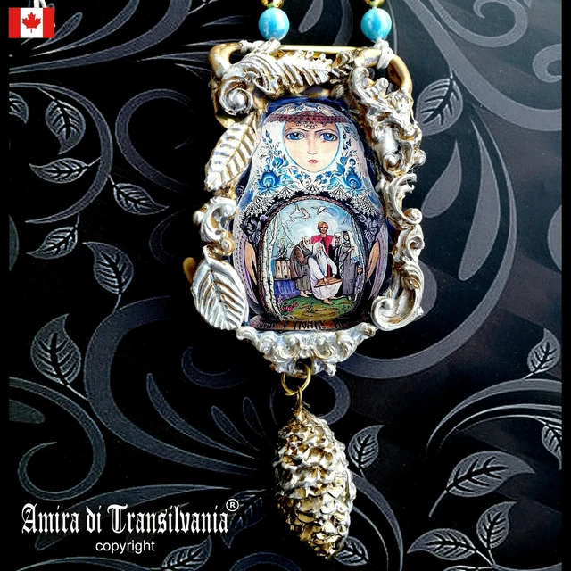 jewelry woman fashion necklace pendant russian vintage charm doll ooak matrioska