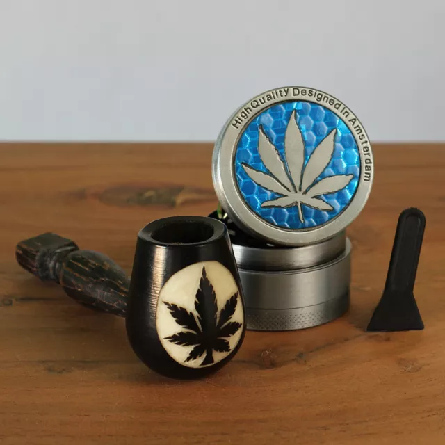 Plant Hand Carved Smoking Pipe wood Tagua & 3 Piece Etched 1½" Reflect Grinder