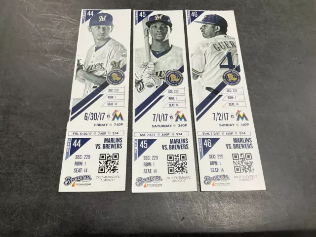 Brewers~2017 Ticket Stub 6/30/17-7/1/17-7/2/17 Vs Marlins