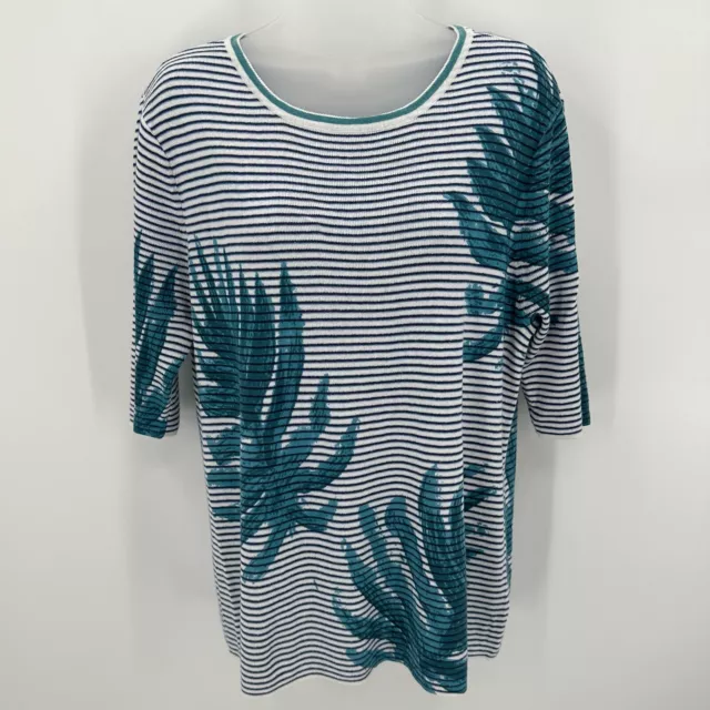 Nic + Zoe Linen Blend Knit Top Size XL Womens Blue Stripes Palm Leaves NWOT