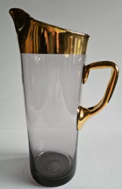 Cocktail Pitcher Martinis Vintage MCM gold Rimmed Smokey Glass Bogart Bacall