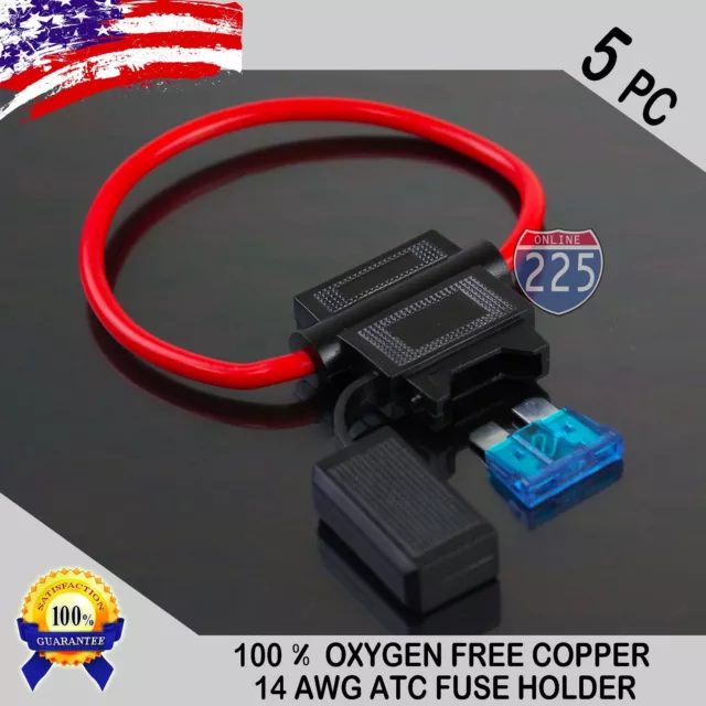 5 Pack 14 Gauge ATC In-Line Blade Fuse Holder 100% OFC Copper Wire + 1A - 40A