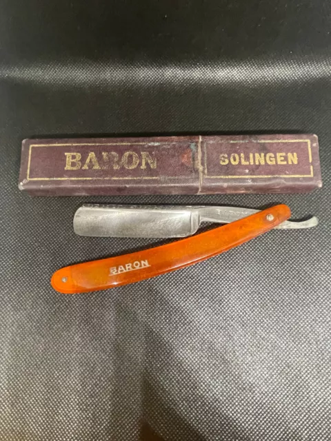Rasoio mano libera marchio Baron Solingen manico arancione vintage acciaio inox
