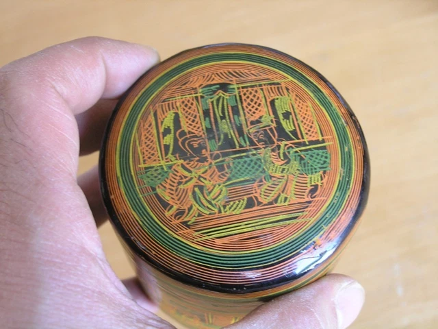 Antique Burmese Indonesian Thai Lacquer Covered Spice Box Sgraffito Detail Color 3