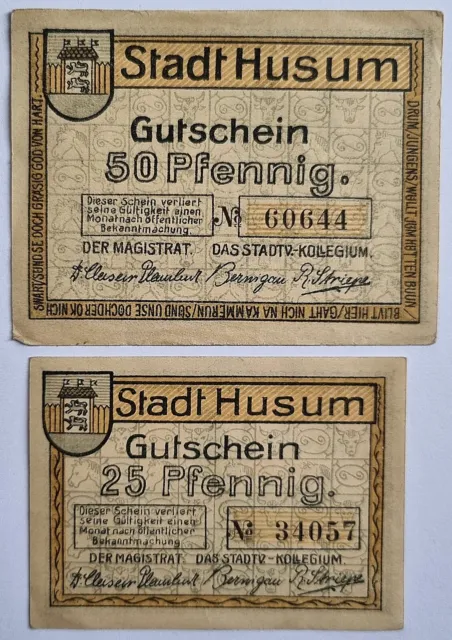 2 Alte Geldscheine, Notgeld aus: Stadt Husum - 25 + 50 Pfennig um 1920/21