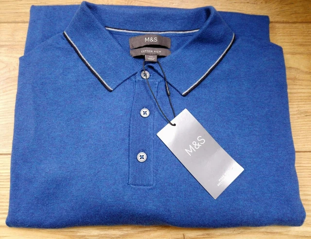 Polo Shirt M&S BLU cotone ricca punta colletto lavorato a maglia TOP 4XL lunghezza più lunga