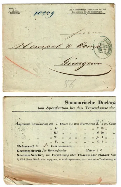 Austria shipmail DDSG Danube parcel doc. 1856 Giurgiu in Romania rare postmark