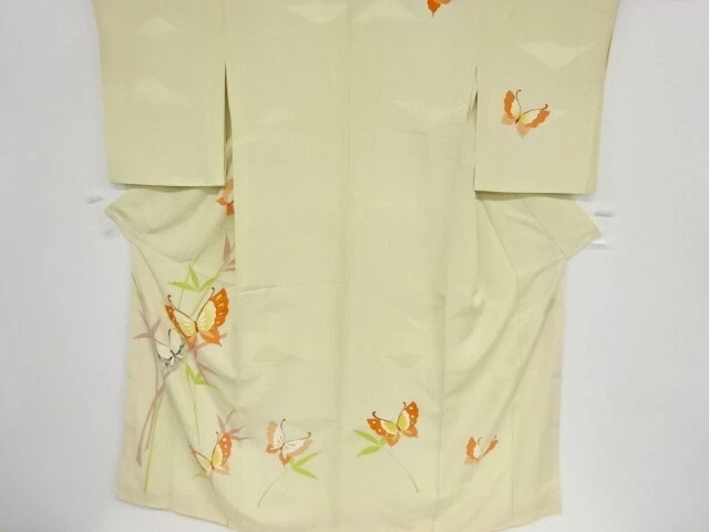 80991# Japanese Kimono / Antique Kimono / Embroidery / Bamboo Grass & Butter