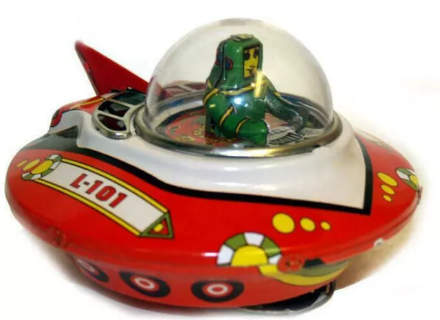 FLYING SAUCER Wind up Friction UFO Space Ship vtg look Tin Sparking BUMP-N-GO