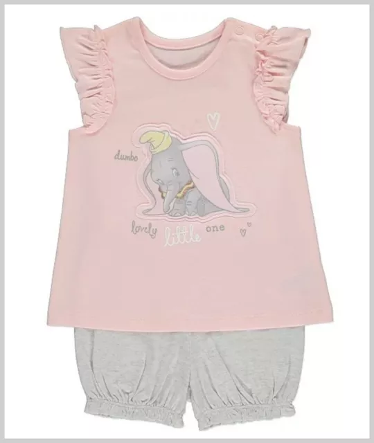 Baby Mädchen Disney Dumbo Shorts & Top Set rosa grau Charakter Outfit 0-12m neu mit Etikett