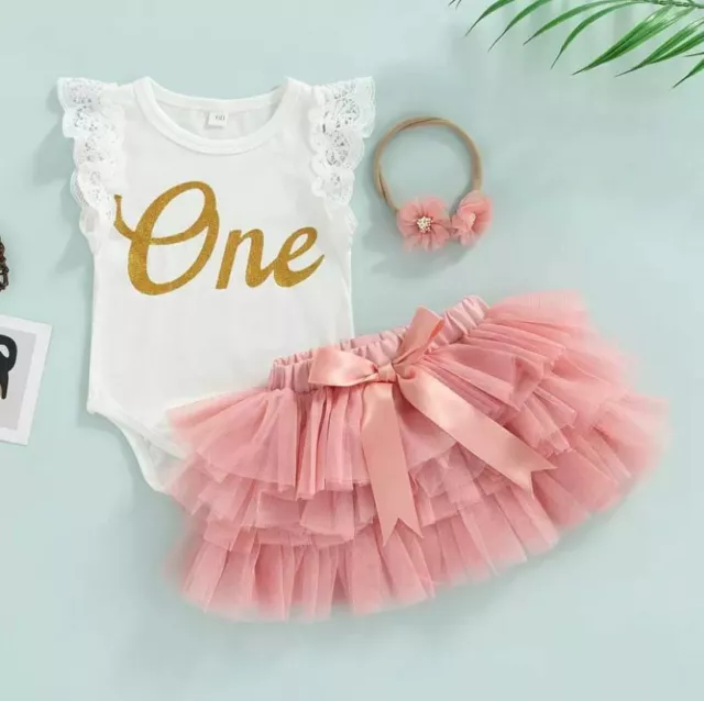 Dusky Pink and white First Birthday Cake Smash Outfit 3 Piece Tutu Set Baby Girl