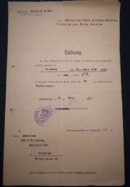 1930 - Amtsgericht Groß-Gerau - Ladung zum Termin (Nachlass)