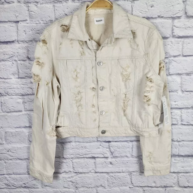 HUDSON Garrison Crop Jacket Women's Size Medium Beige Linen Black Distressed