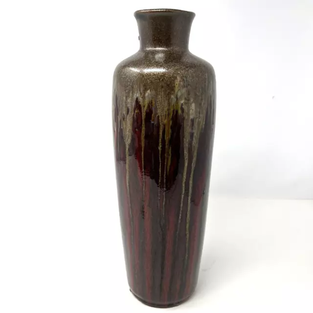 Pier 1  Wine Red Olive Brown Drip Glaze Vase Specks of Blue and Gold 13" Tall