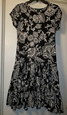 Womens Lauren Ralph Lauren Floral Dress Size Medium Black/White Tiered Ruffle
