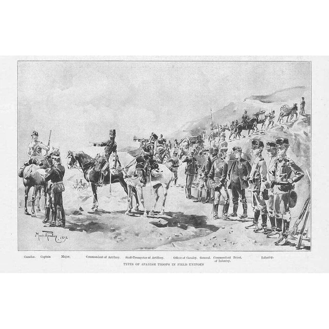 MILITARY TYPES OF Spanish Troops in Field Uniform Antique Print 1898