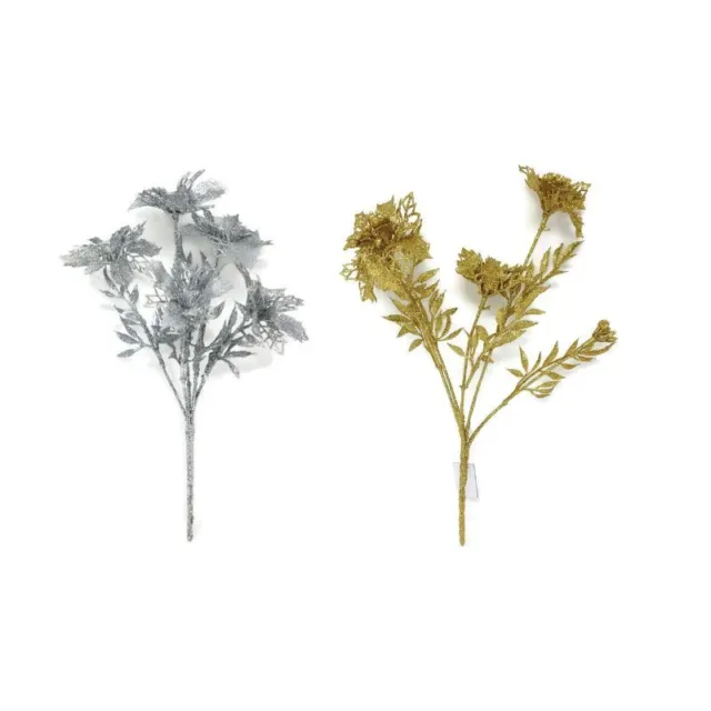 5 Head Glittered Artificial Poinsettia Flower Bush x 30cm - Gold or Silver
