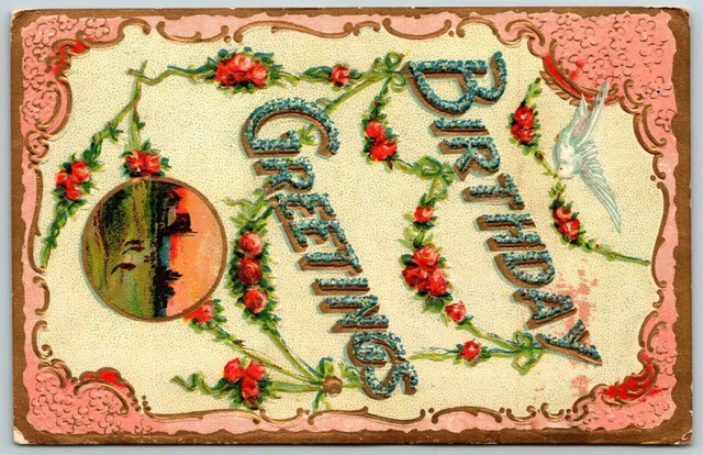 Birthday Greetings, Inset Scene, Embossed - Postcard