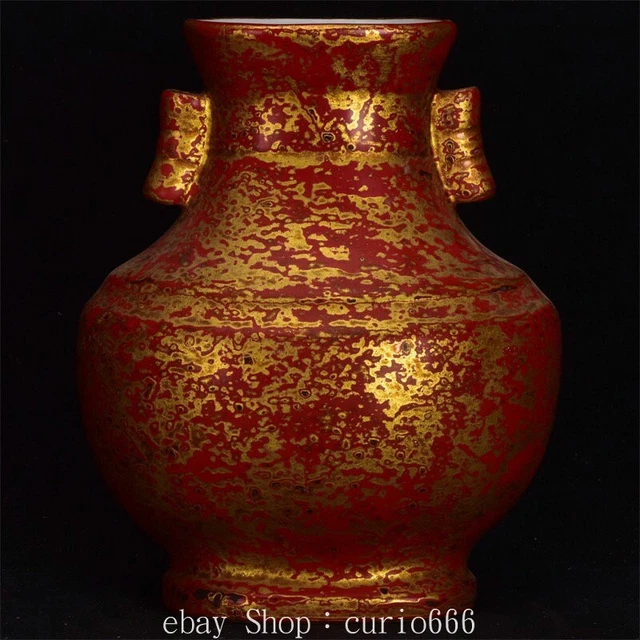 7.8'' Old Qing Kangxi Red Glaze Porcelain Gilt Dynasty Ear Flower Bottle Vase