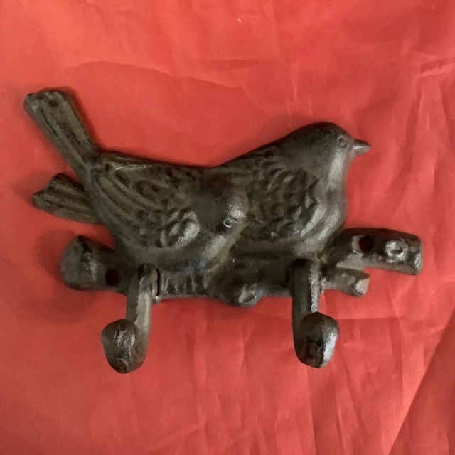Antique Cast Iron Wall Hooks Two Brown Birds Coat Hat Towel Hangings Vintage B1