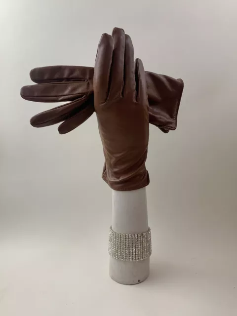 Dark Tan  Leather Winter Gloves Knitted Soft Fabric Lining Wrist Length Medium