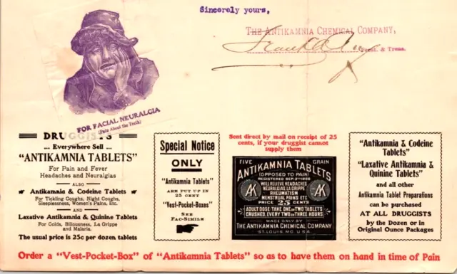 1906 Anitkamnia Codeine Tablets Letter Laxative Quinine QUACK MEDICINE St Louis