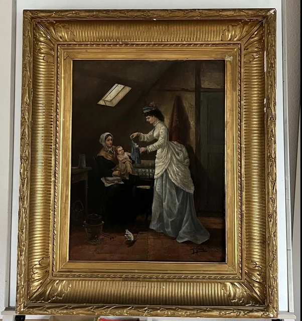 Oil canvas paintings 19th century frame original wood 1873 63x73 cm