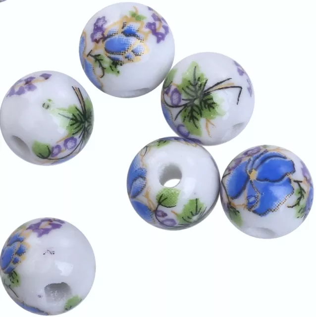 20x 10mm Blue Pink Red Purple White Round Floral Flower Porcelain Ceramic Beads