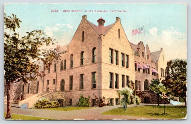 Santa Barbara California~High School~Flag on Roof~Striped Awnings~c1910 Postcard