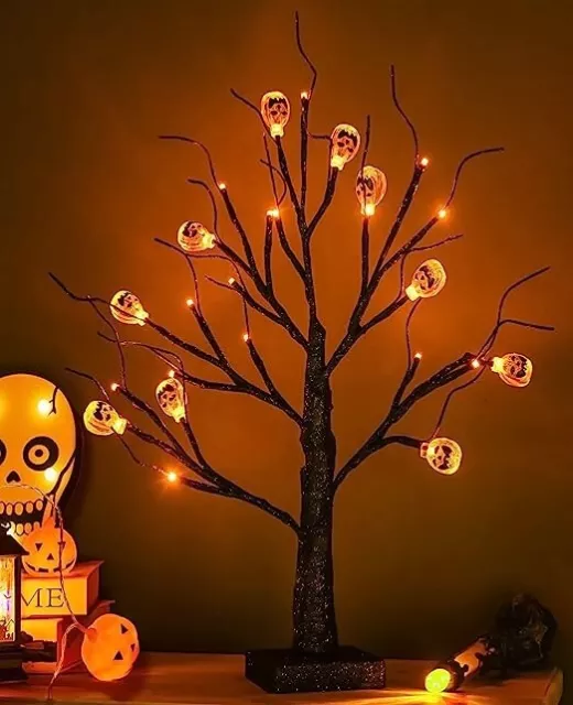 Halloween Tree Black Spooky 24LED Orange Lights Pumpkin Ornaments Battery Indoor