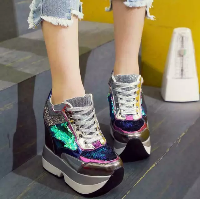 Women's Glitter Shoes Hidden Wedge Sneakers Platform Lace Up Sequin Fashion 2022