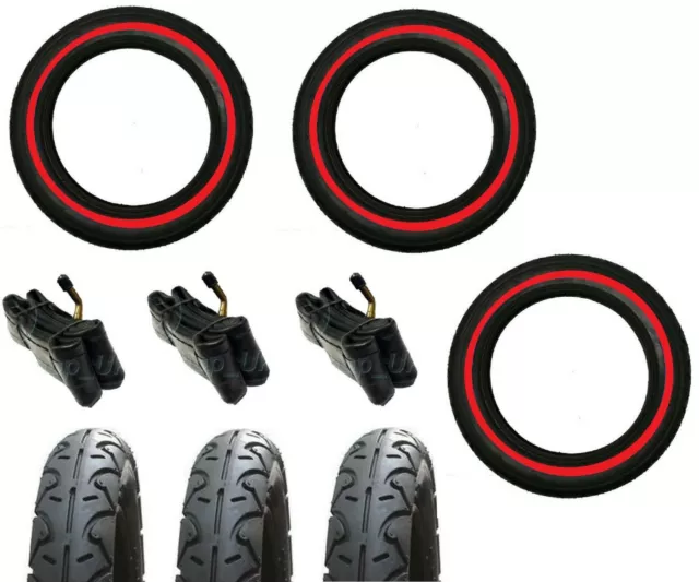 PHIL & TEDS NAVIGATOR 12 1/2" 3 x Pram Tyres & 3 x Bent Valve Tubes RED LINE